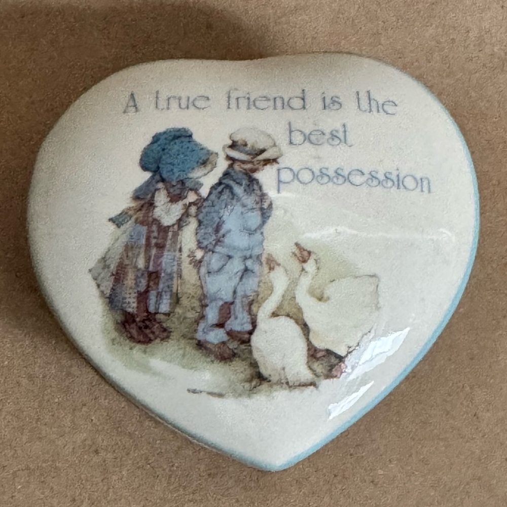 Vintage Holly Hobbie Ceramic Covered Heart Shaped Trinket Box.
